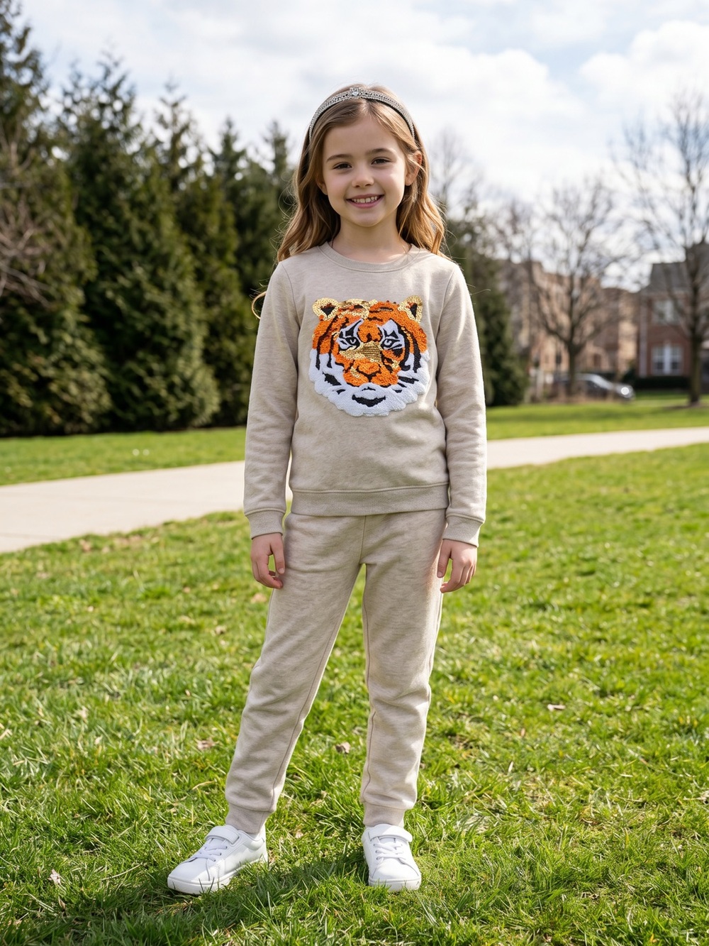 Girls Beige Sweatshirt with Tiger Patch